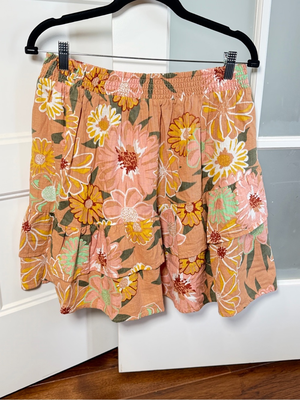 Roxy Cosmic Glow Again Ruffle Skirt, Blush pink with flowers, Large, NWT